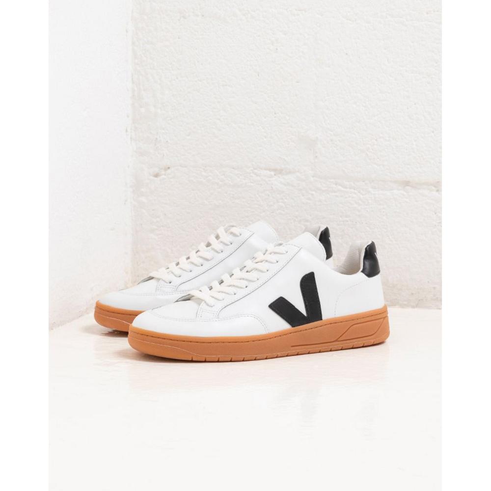 Veja V-12 LEATHER Women's Sneakers White/Black/Beige | NZ 670LIS